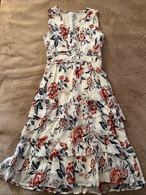 Lucky Brand White Midi Dress with Coral & Navy Floral Boho Western Print Size 2